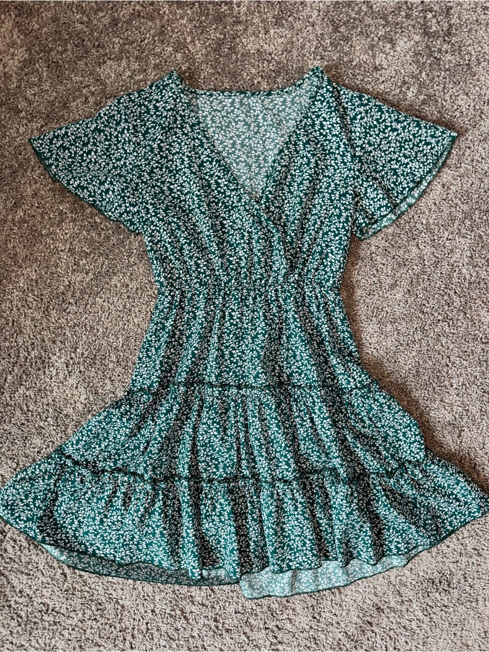 XS SHEIN Dark Green Floral Cottagecore Coquette Wrap-Style Tiered Short Dress